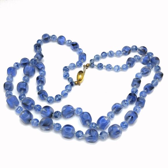 Vintage 1950s Blue Glass Beaded Necklace Double Strand Square Round Beads 18" - Picture 6 of 10